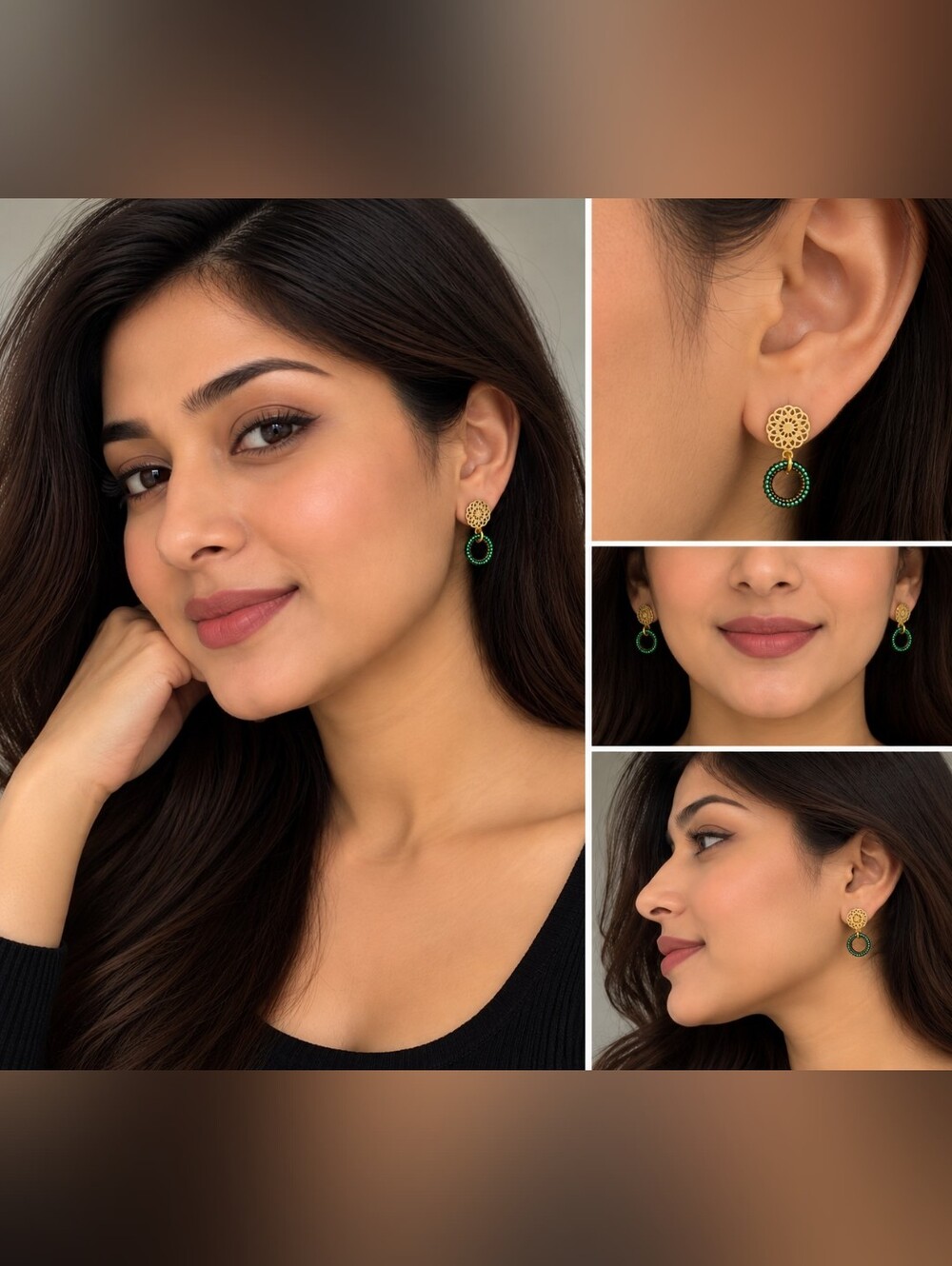 Gold Filigree Earrings with Green Beaded Hoop Accent - Women Jewelry